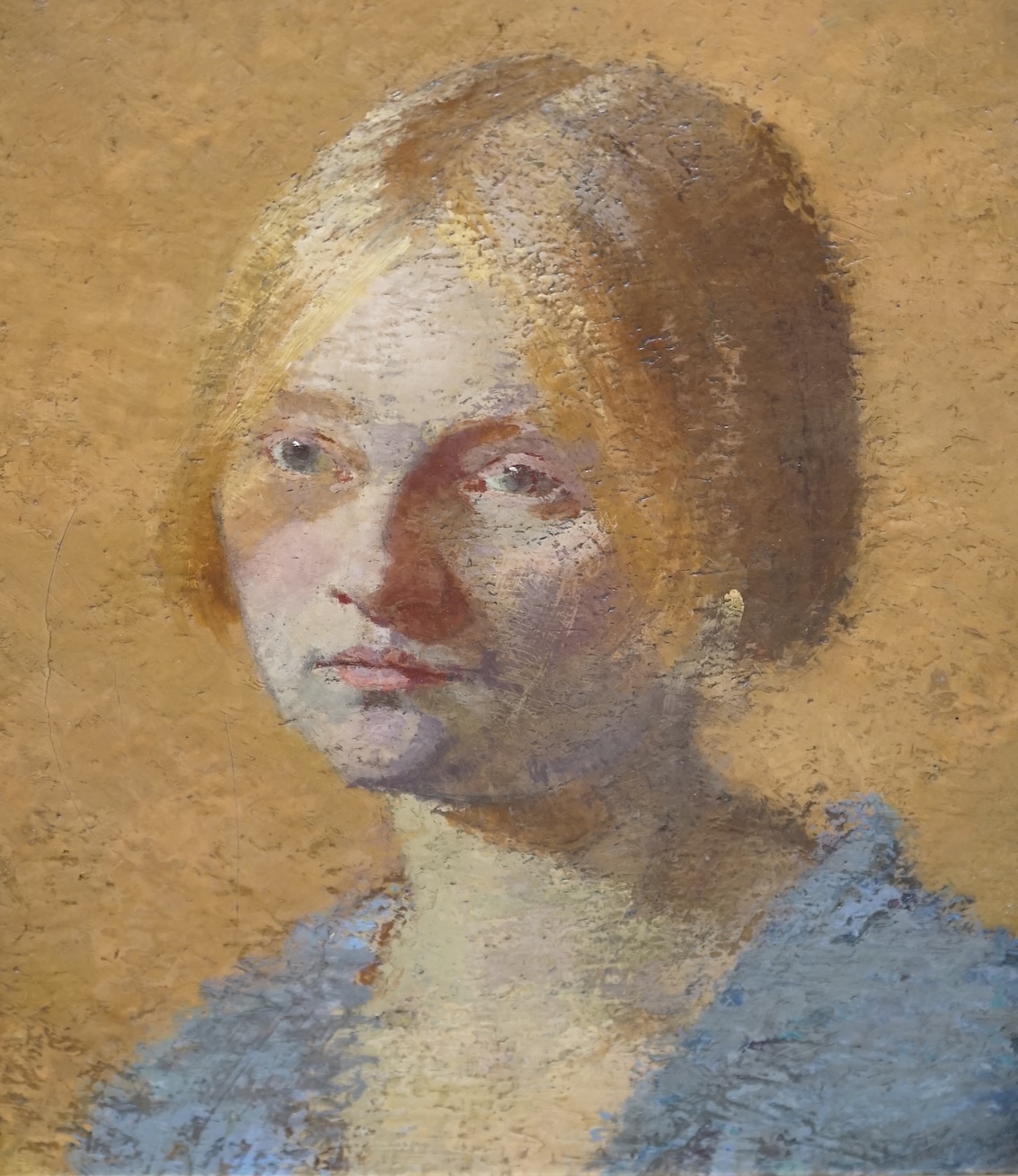 20th century oil on board, Portrait of a young woman, Phoenix Gallery label verso, 34 x 28cm. Condition - good